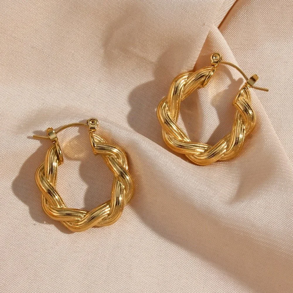 Chunky Twisted Striped Texture Hoop Earrings 18K Gold Plating Stainless Steel - Picture 1 of 9